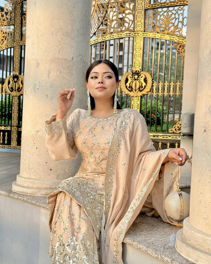 Champagne Gold Heavy Embroidered Straight Suit with Palazzo & Dupatta