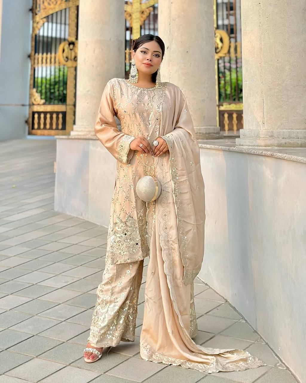 Champagne Gold Heavy Embroidered Straight Suit with Palazzo & Dupatta