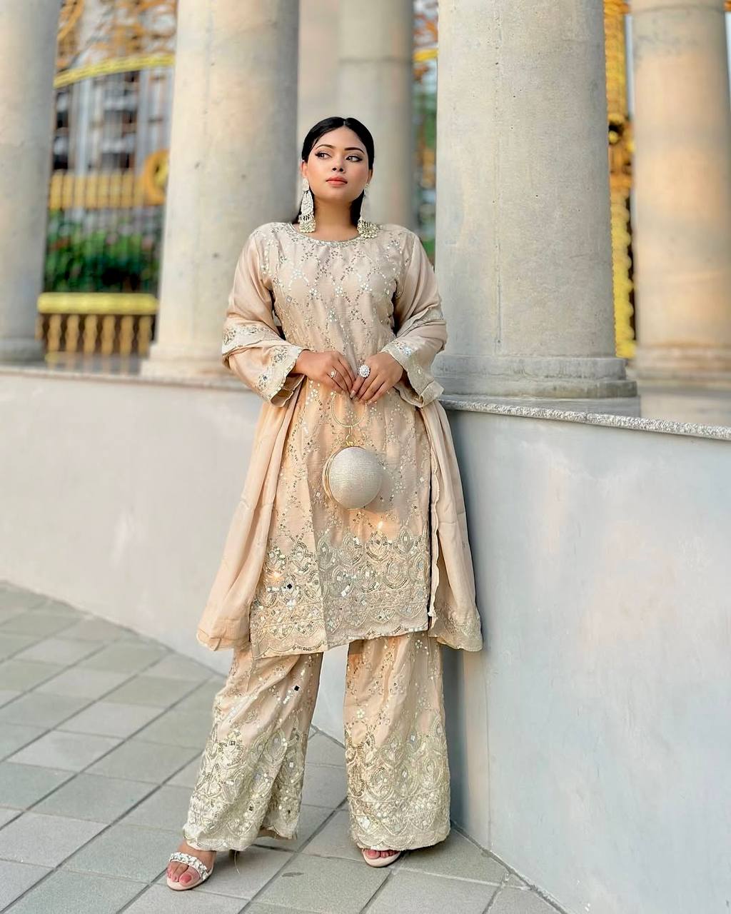 Champagne Gold Heavy Embroidered Straight Suit with Palazzo & Dupatta