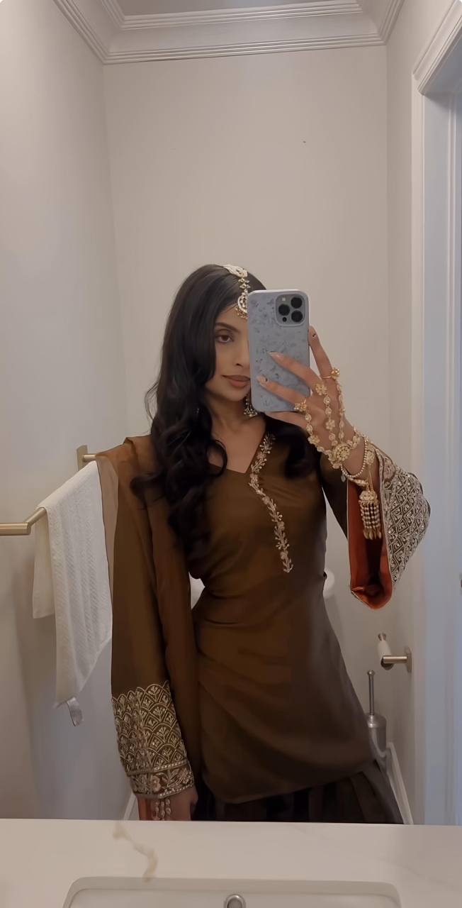 Classic Rust Brown Patiala Suit with Embellished Cuff Sleeves & Dupatta