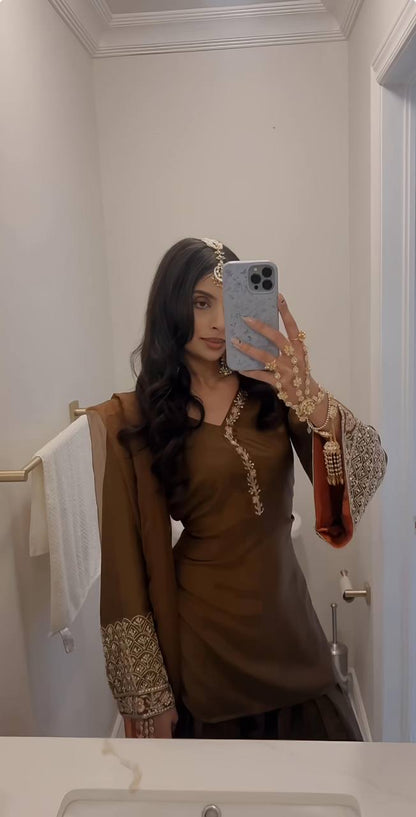 Classic Rust Brown Patiala Suit with Embellished Cuff Sleeves & Dupatta