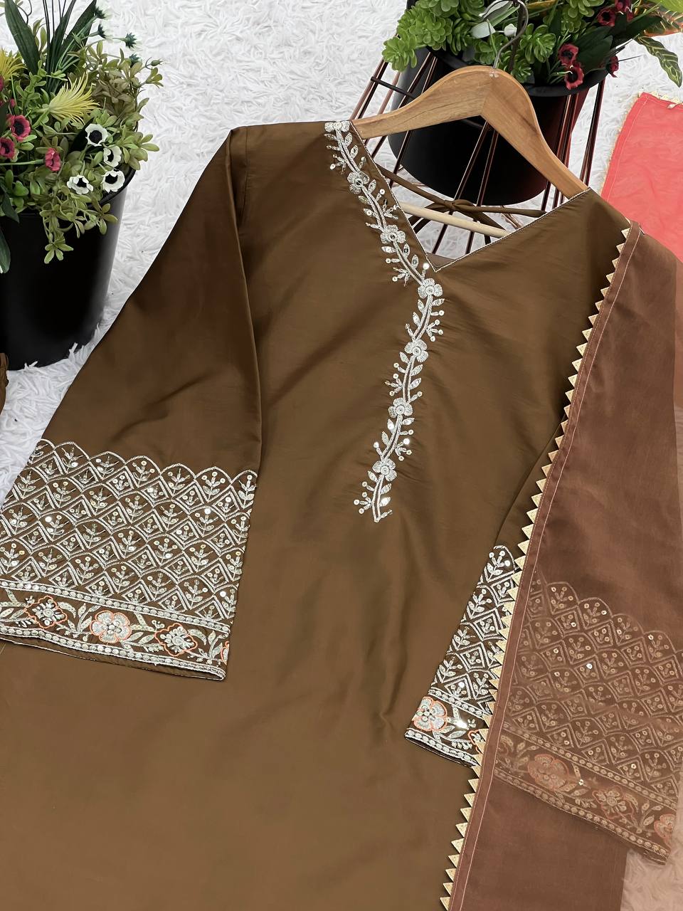 Classic Rust Brown Patiala Suit with Embellished Cuff Sleeves & Dupatta