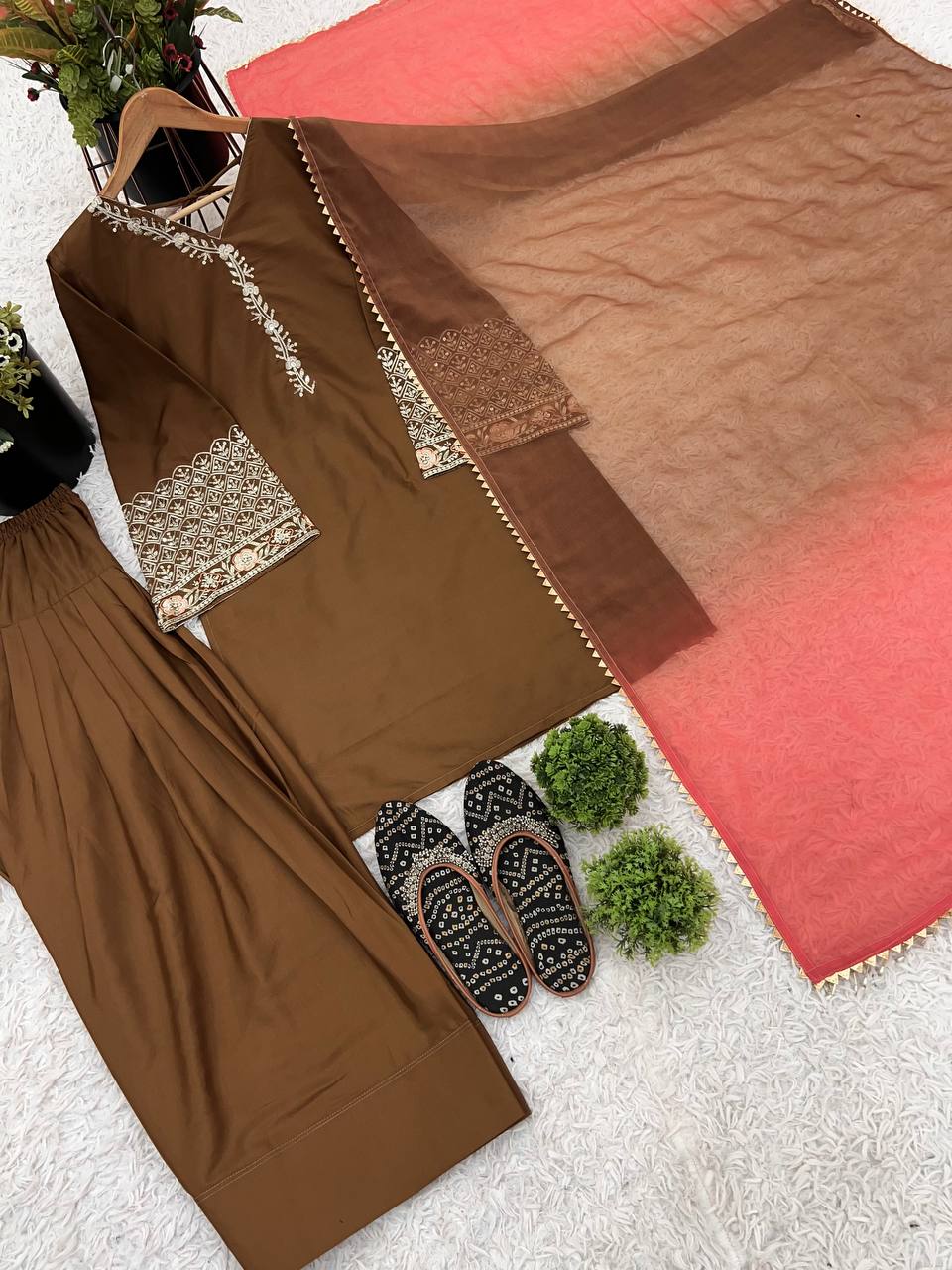 Classic Rust Brown Patiala Suit with Embellished Cuff Sleeves & Dupatta