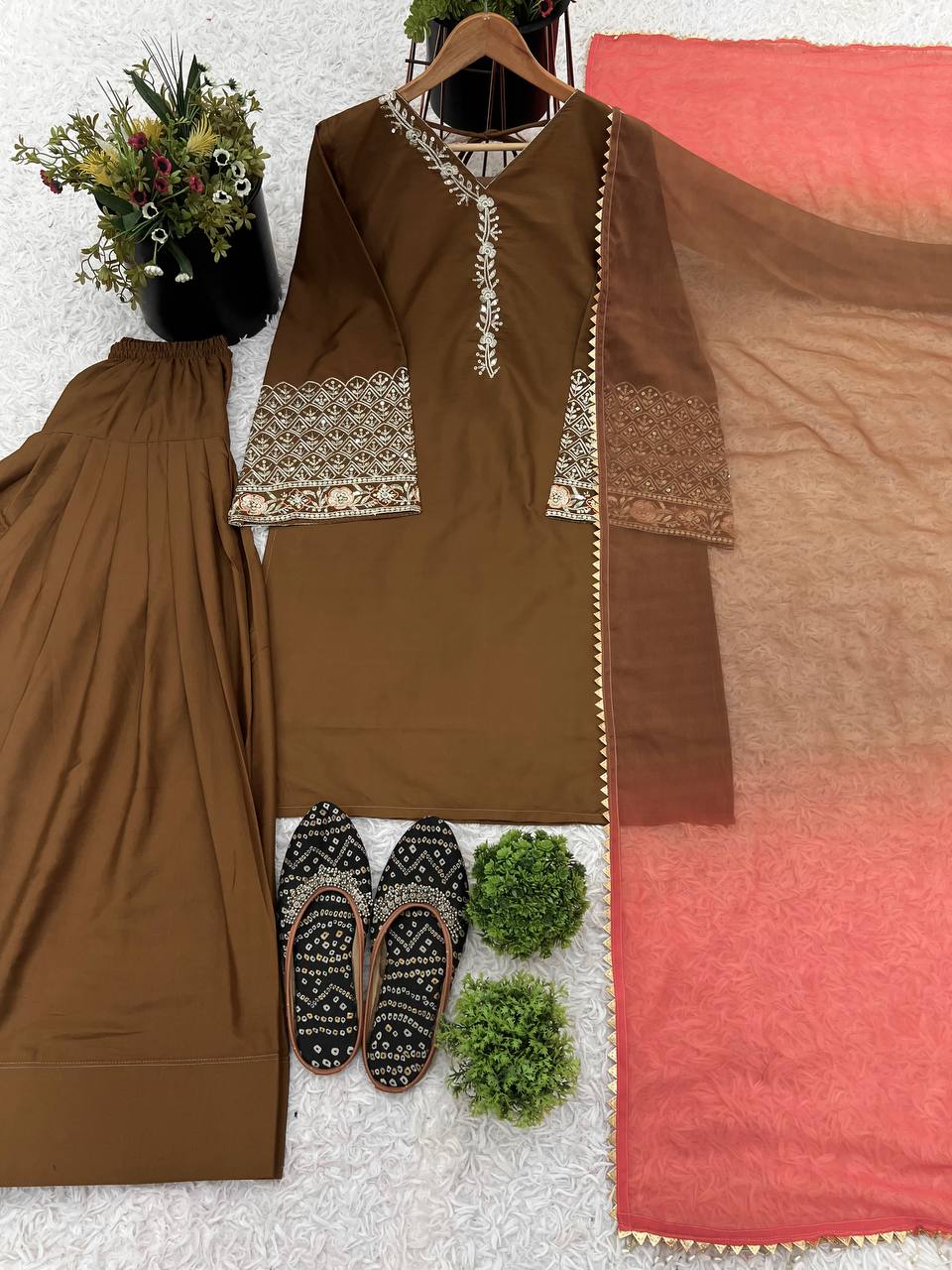 Classic Rust Brown Patiala Suit with Embellished Cuff Sleeves & Dupatta