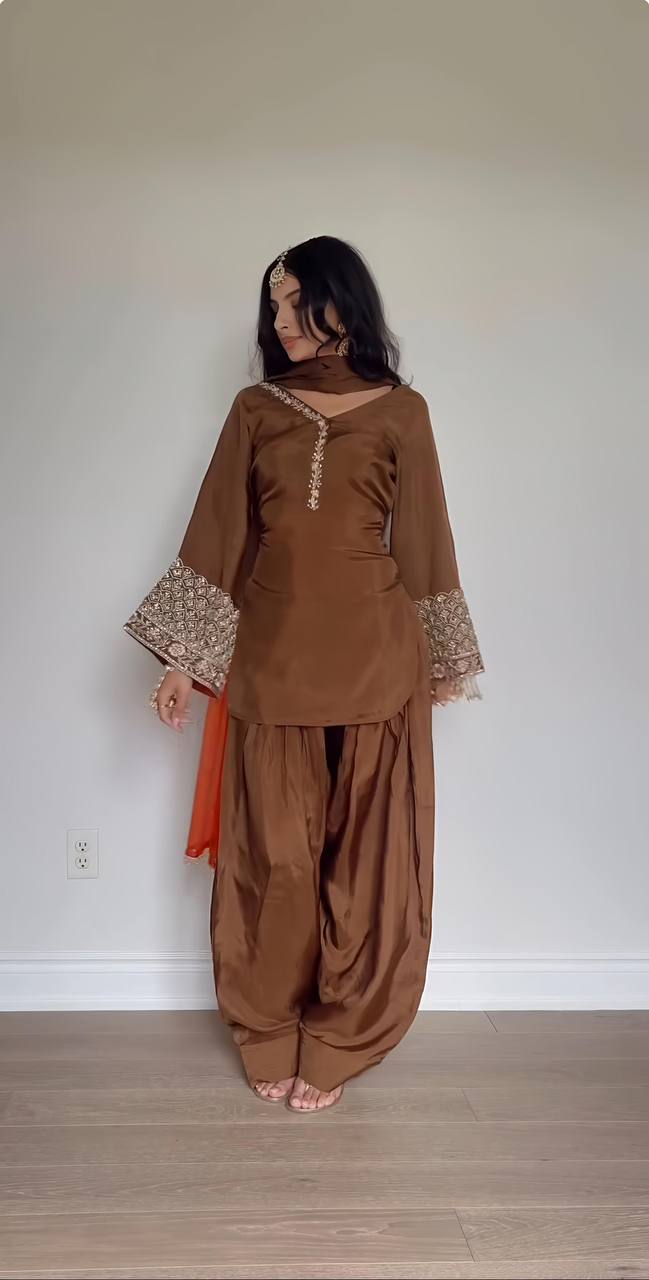 Classic Rust Brown Patiala Suit with Embellished Cuff Sleeves & Dupatta