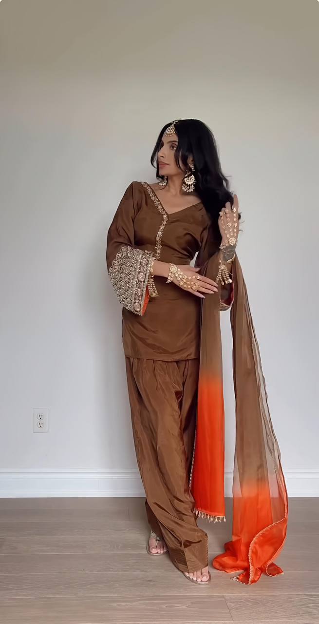Classic Rust Brown Patiala Suit with Embellished Cuff Sleeves & Dupatta