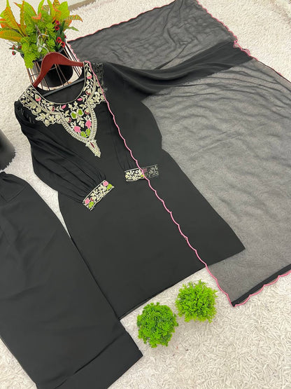 Elegant Embroidered Straight Suit Set with Handcrafted Dupatta