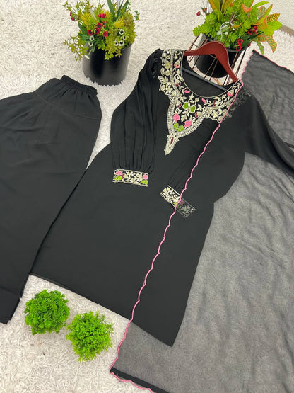 Elegant Embroidered Straight Suit Set with Handcrafted Dupatta