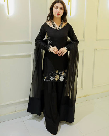 Chic Black Floral Embroidered Straight Suit with Sheer Dupatta
