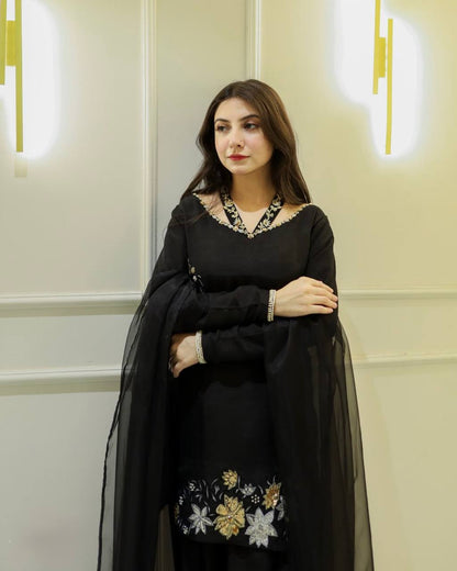 Chic Black Floral Embroidered Straight Suit with Sheer Dupatta
