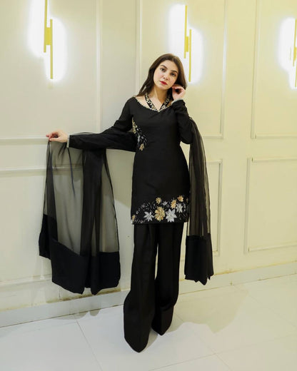 Chic Black Floral Embroidered Straight Suit with Sheer Dupatta