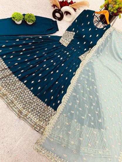Elegant Teal Blue Embroidered Anarkali with Pastel Dupatta
