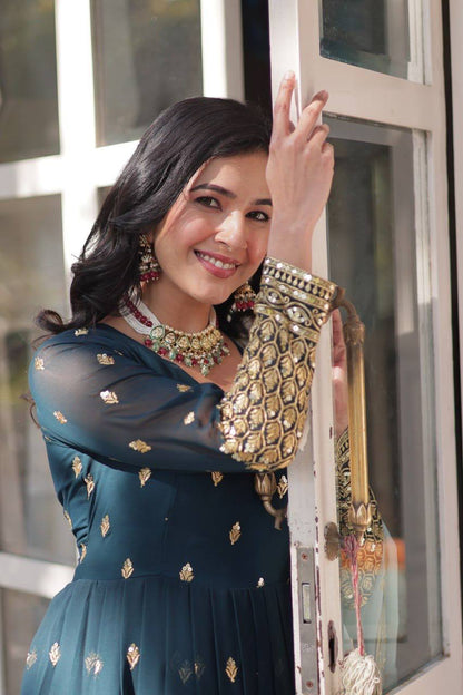 Elegant Teal Blue Embroidered Anarkali with Pastel Dupatta