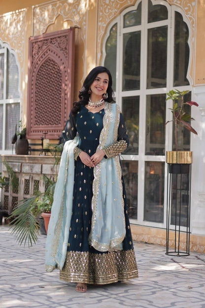 Elegant Teal Blue Embroidered Anarkali with Pastel Dupatta
