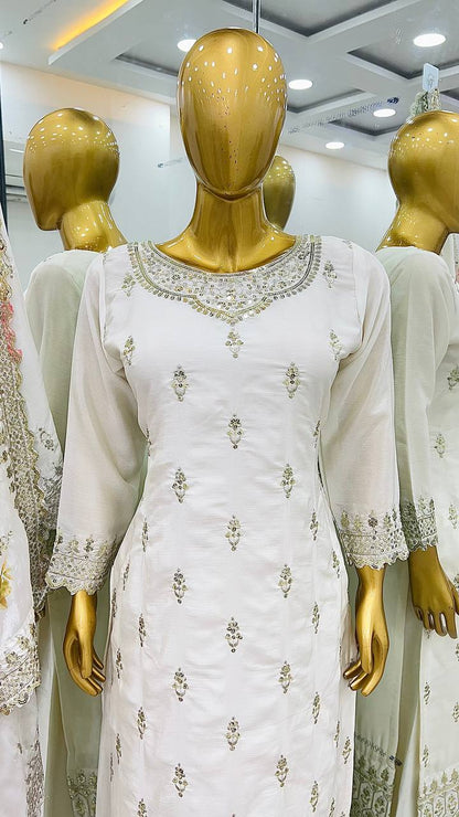 Ivory Pearl Heavy Embroidered Pakistani Suit with Floral Dupatta