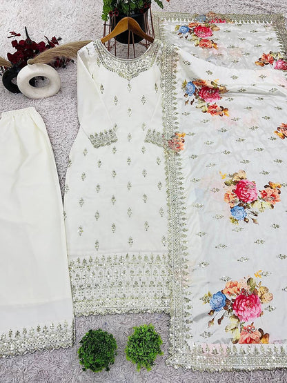 Ivory Pearl Heavy Embroidered Pakistani Suit with Floral Dupatta