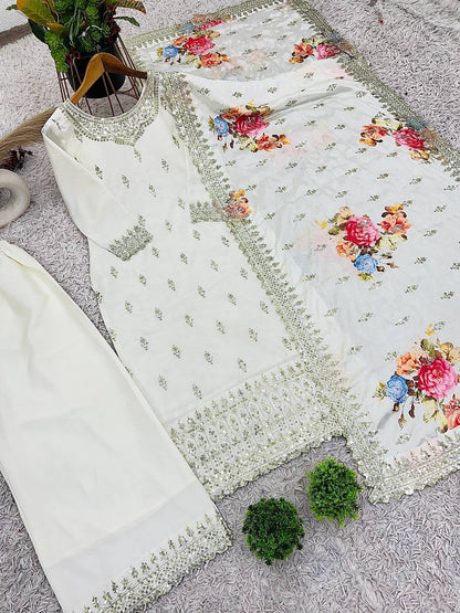 Ivory Pearl Heavy Embroidered Pakistani Suit with Floral Dupatta