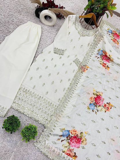 Ivory Pearl Heavy Embroidered Pakistani Suit with Floral Dupatta