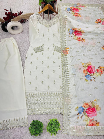 Ivory Pearl Heavy Embroidered Pakistani Suit with Floral Dupatta