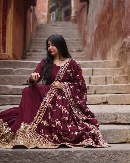Maroon Regal Anarkali Gown with Heavy Zari Embroidery & Velvet Dupatta