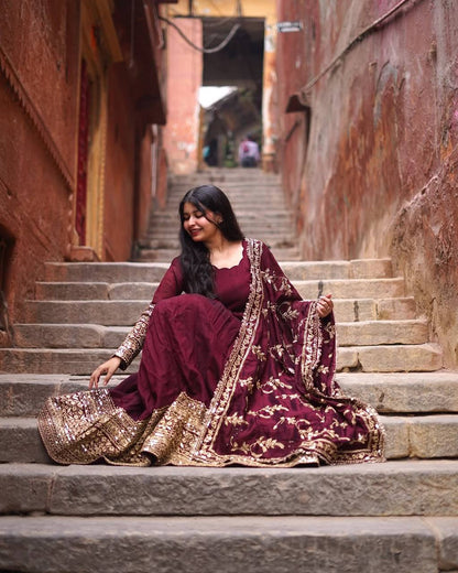 Maroon Regal Anarkali Gown with Heavy Zari Embroidery & Velvet Dupatta