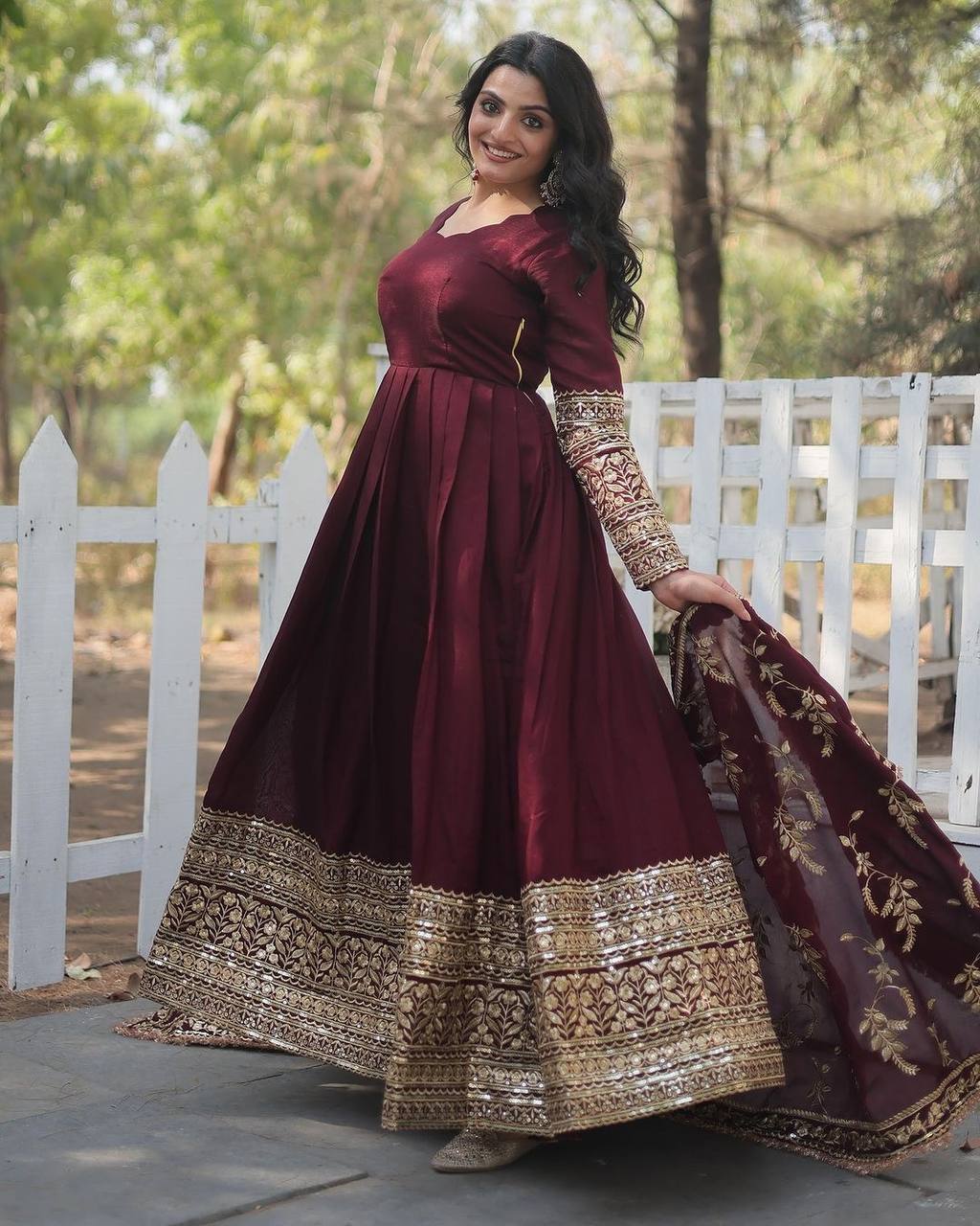 Maroon Regal Anarkali Gown with Heavy Zari Embroidery & Velvet Dupatta