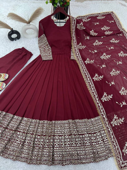 Maroon Regal Anarkali Gown with Heavy Zari Embroidery & Velvet Dupatta