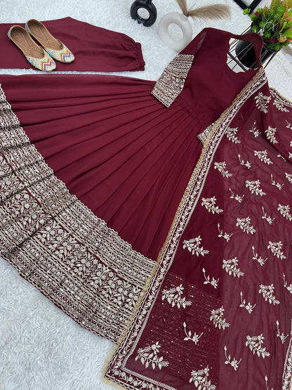 Maroon Regal Anarkali Gown with Heavy Zari Embroidery & Velvet Dupatta