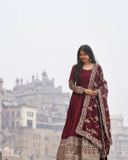 Maroon Regal Anarkali Gown with Heavy Zari Embroidery & Velvet Dupatta