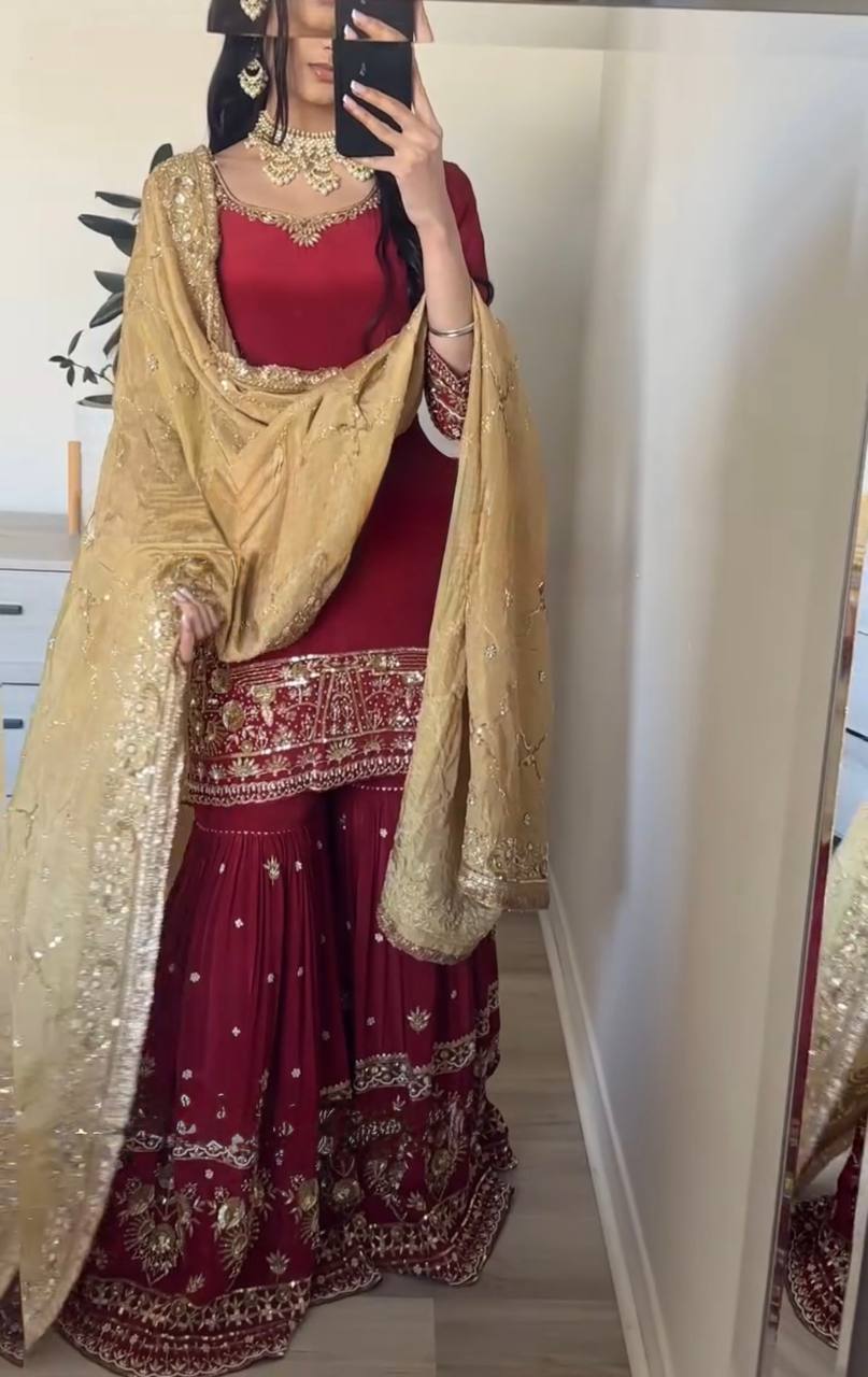 Maroon Bridal Sharara Set with Heavy Zari Embroidery & Golden Dupatta