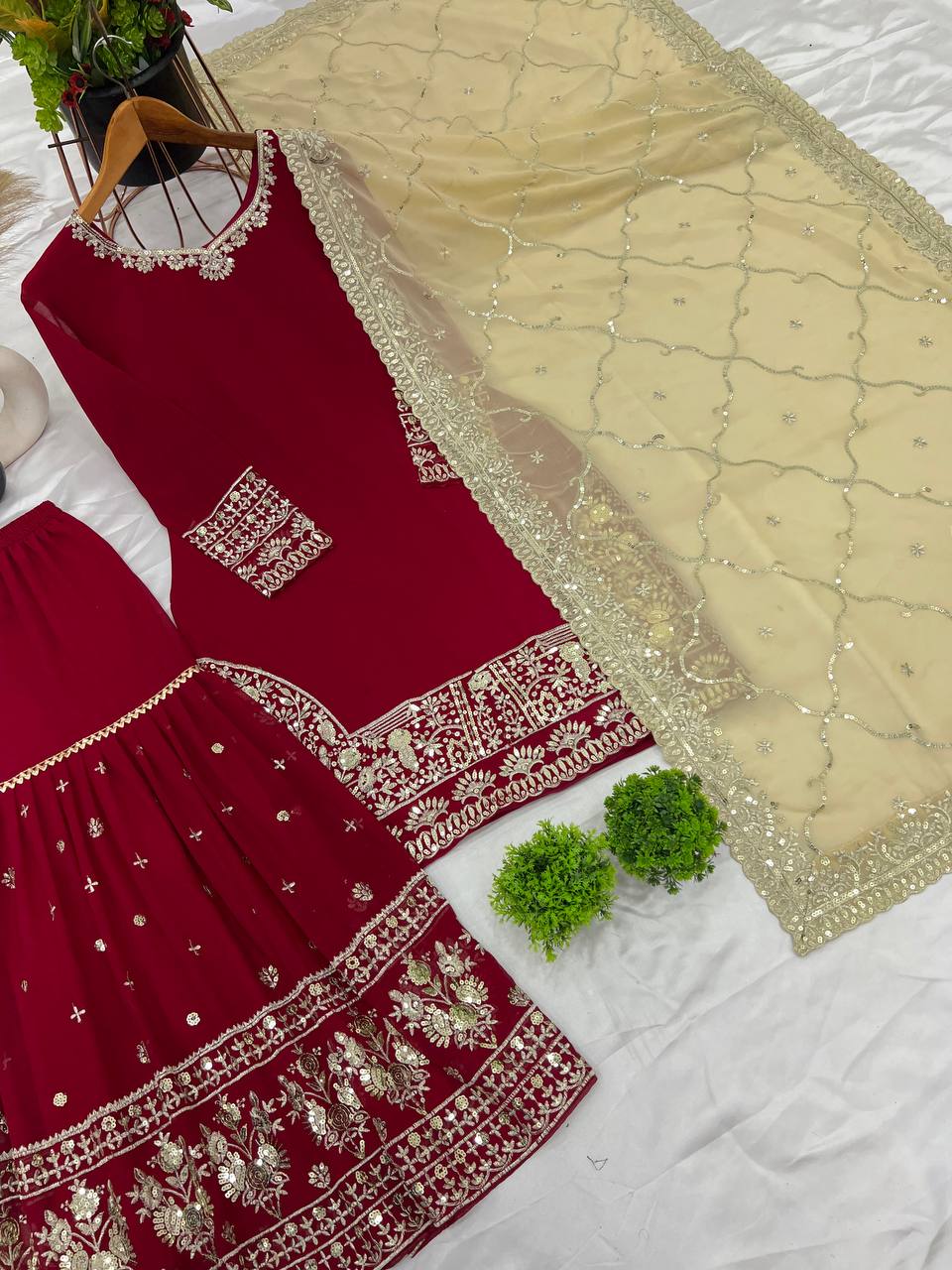 Maroon Bridal Sharara Set with Heavy Zari Embroidery & Golden Dupatta