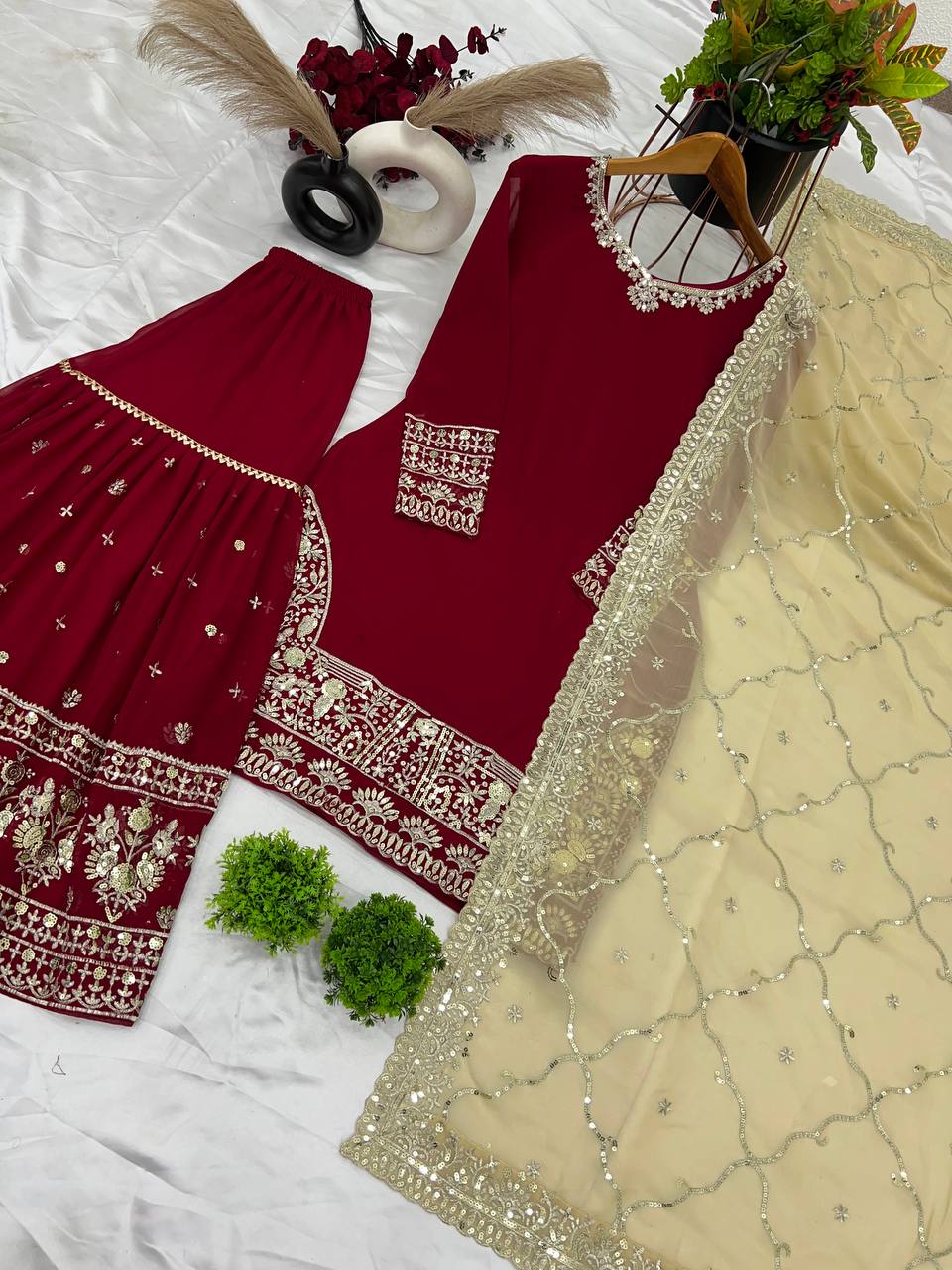 Maroon Bridal Sharara Set with Heavy Zari Embroidery & Golden Dupatta