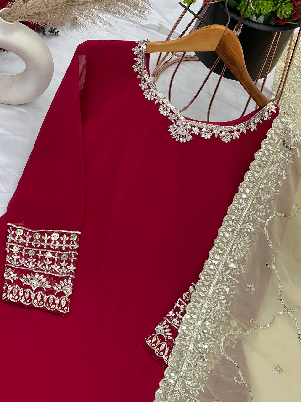 Maroon Bridal Sharara Set with Heavy Zari Embroidery & Golden Dupatta