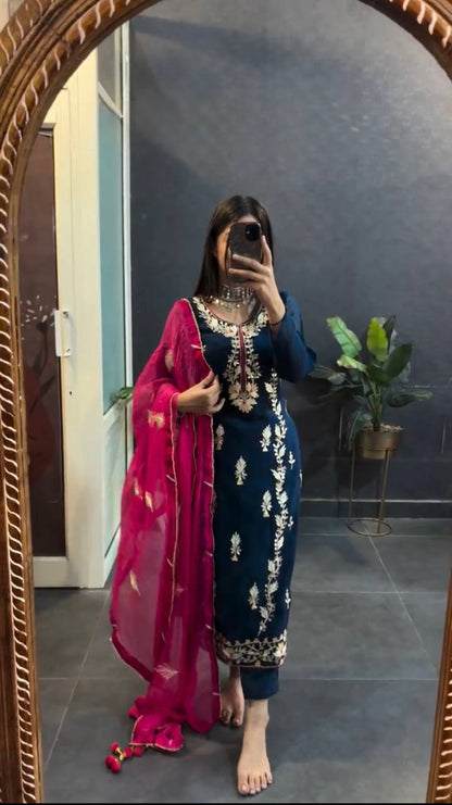 Organza Embroidered Straight Kurta Set with Vibrant Pink Dupatta