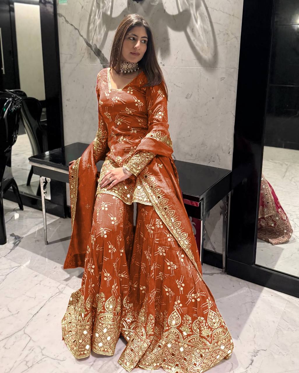 Royal Zari Mirror Embroidered Sharara Suit Set