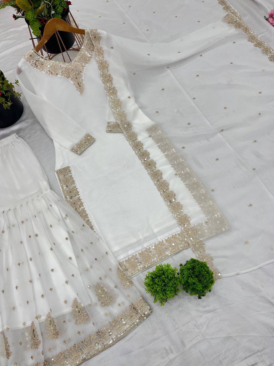 Elegant Pearl Embroidered Sharara Suit with Mirror Border