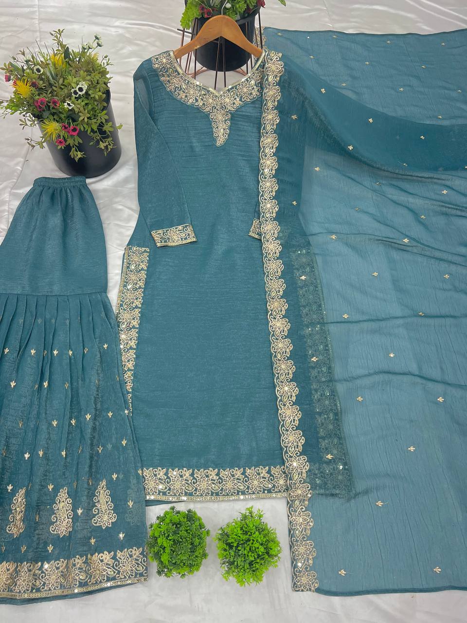 Elegant Pearl Embroidered Sharara Suit with Mirror Border