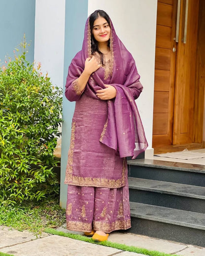 Elegant Pearl Embroidered Sharara Suit with Mirror Border