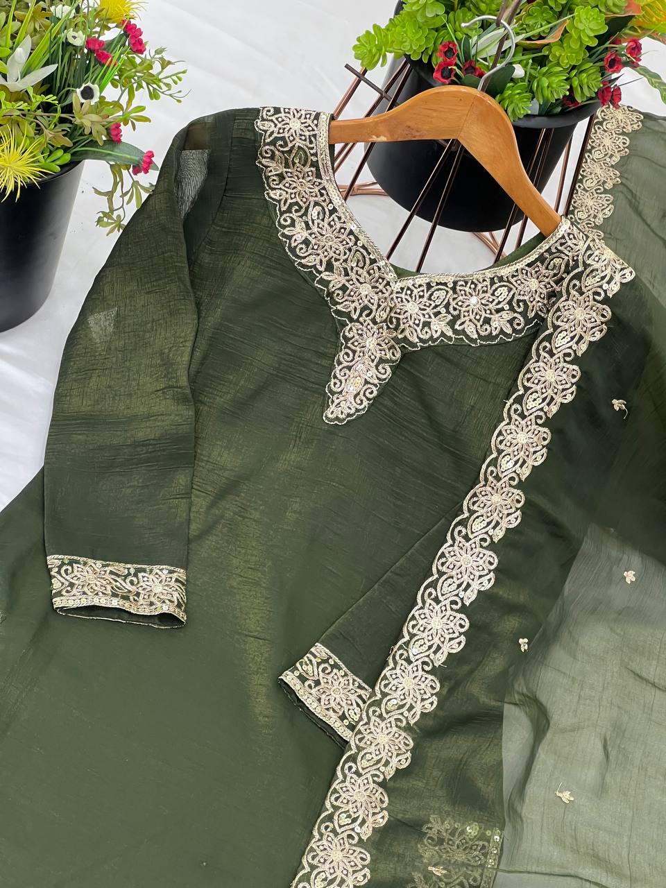 Elegant Pearl Embroidered Sharara Suit with Mirror Border