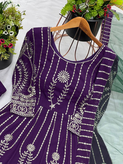 Royal Plum Mirror Embroidered Anarkali Suit with Emerald Dupatta