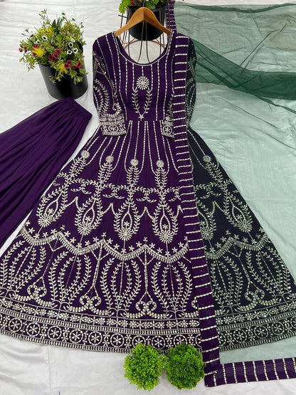 Royal Plum Mirror Embroidered Anarkali Suit with Emerald Dupatta