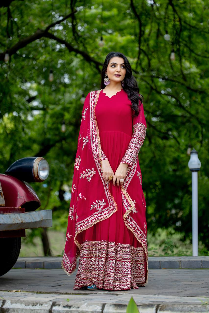 Pink Anarkali Gown with Heavy Zari Embroidery & Velvet Dupatta