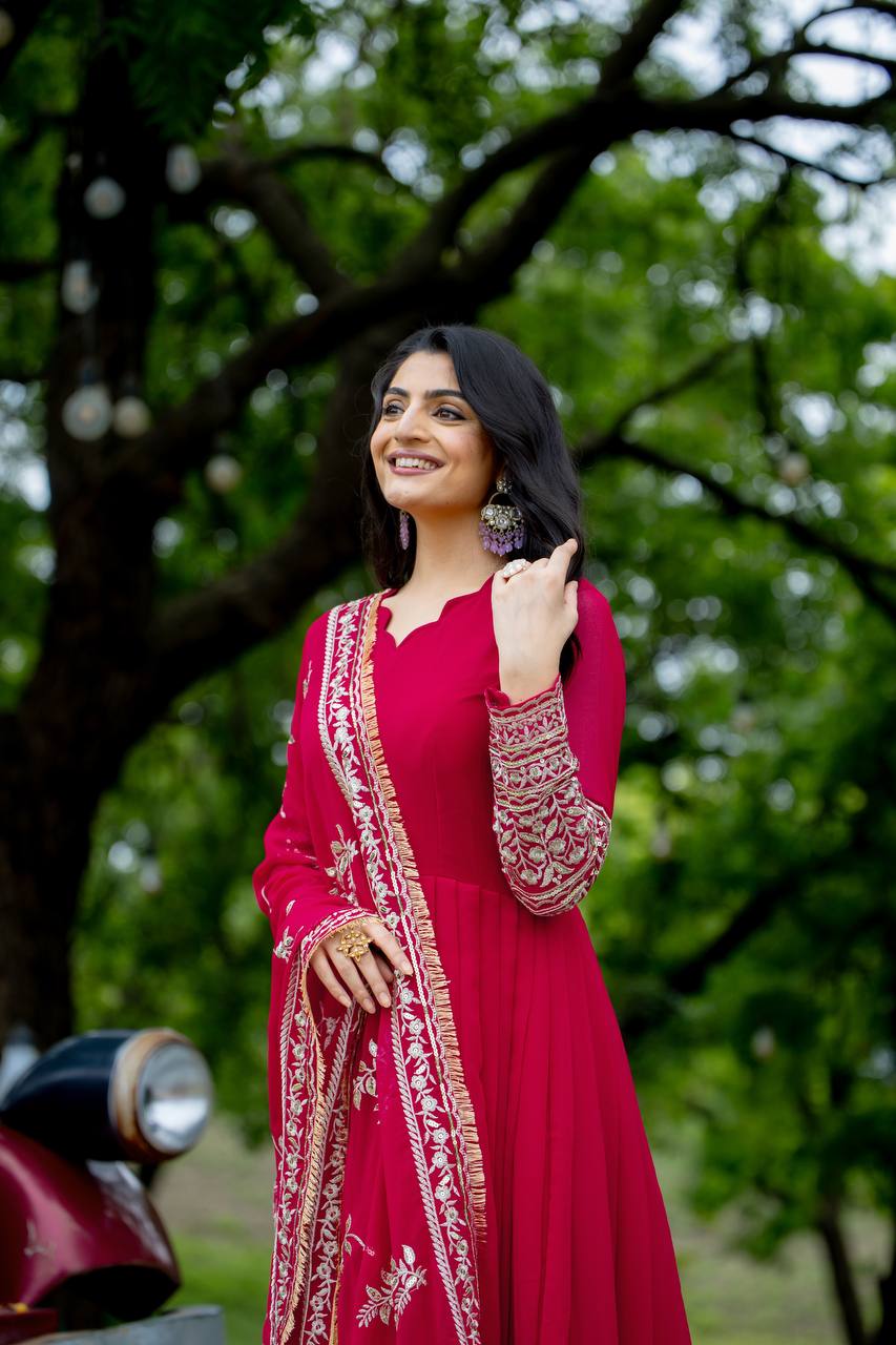 Pink Anarkali Gown with Heavy Zari Embroidery & Dupatta