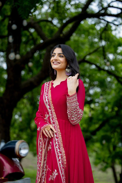 Pink Anarkali Gown with Heavy Zari Embroidery & Velvet Dupatta