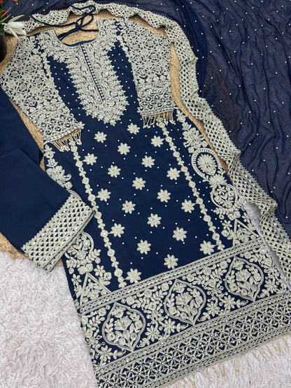 Royal Midnight Embroidered Palazzo Suit with Pearl Net Dupatta