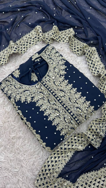 Royal Midnight Embroidered Palazzo Suit with Pearl Net Dupatta
