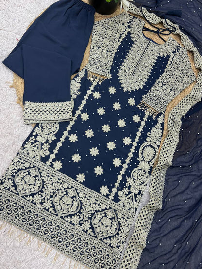 Royal Midnight Embroidered Palazzo Suit with Pearl Net Dupatta