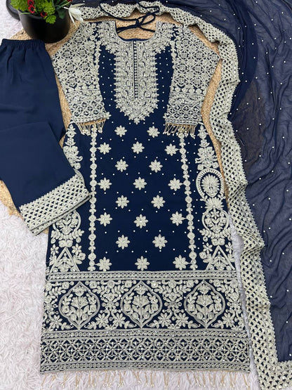 Royal Midnight Embroidered Palazzo Suit with Pearl Net Dupatta