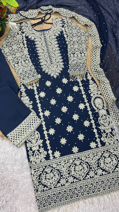 Royal Midnight Embroidered Palazzo Suit with Pearl Net Dupatta