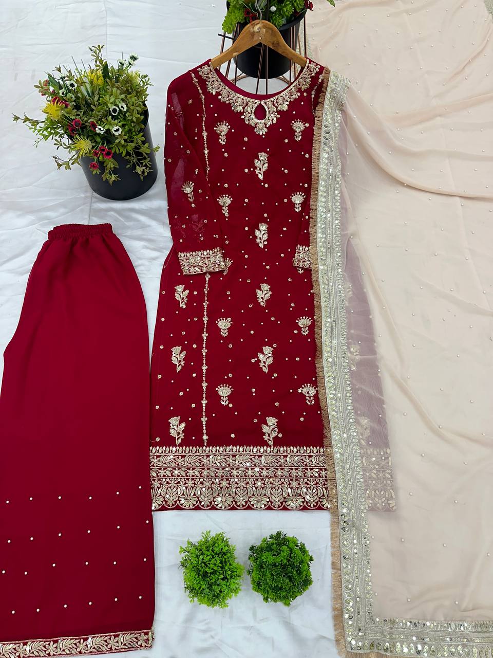 Maroon Majesty Heavy Embroidered Sharara Suit with Gold Net Dupatta - Drapes Dress